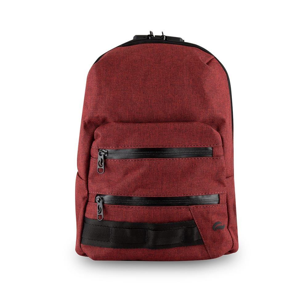 Burgundy mini backpack with two front zippered pockets and black accents