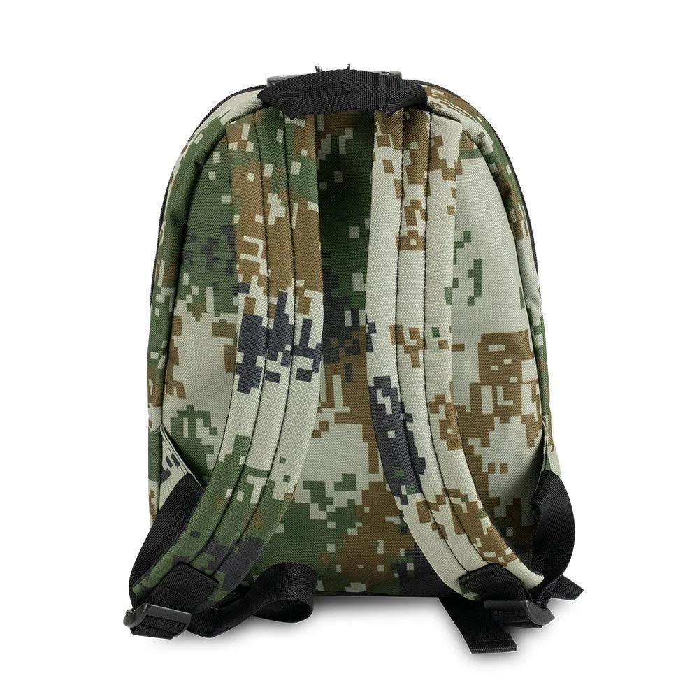 Mini backpack with green digital camo print and black adjustable straps, rear view