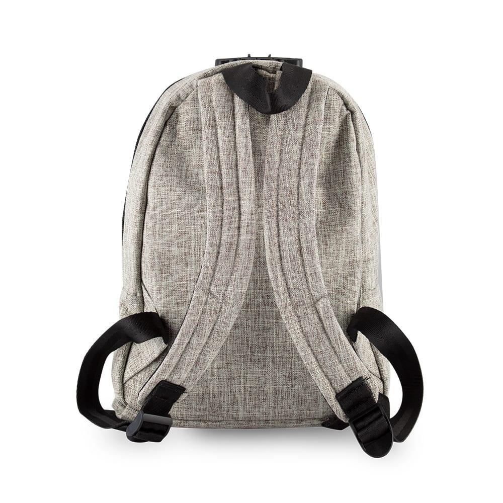 Khaki mini backpack with adjustable padded shoulder straps, shown from the back