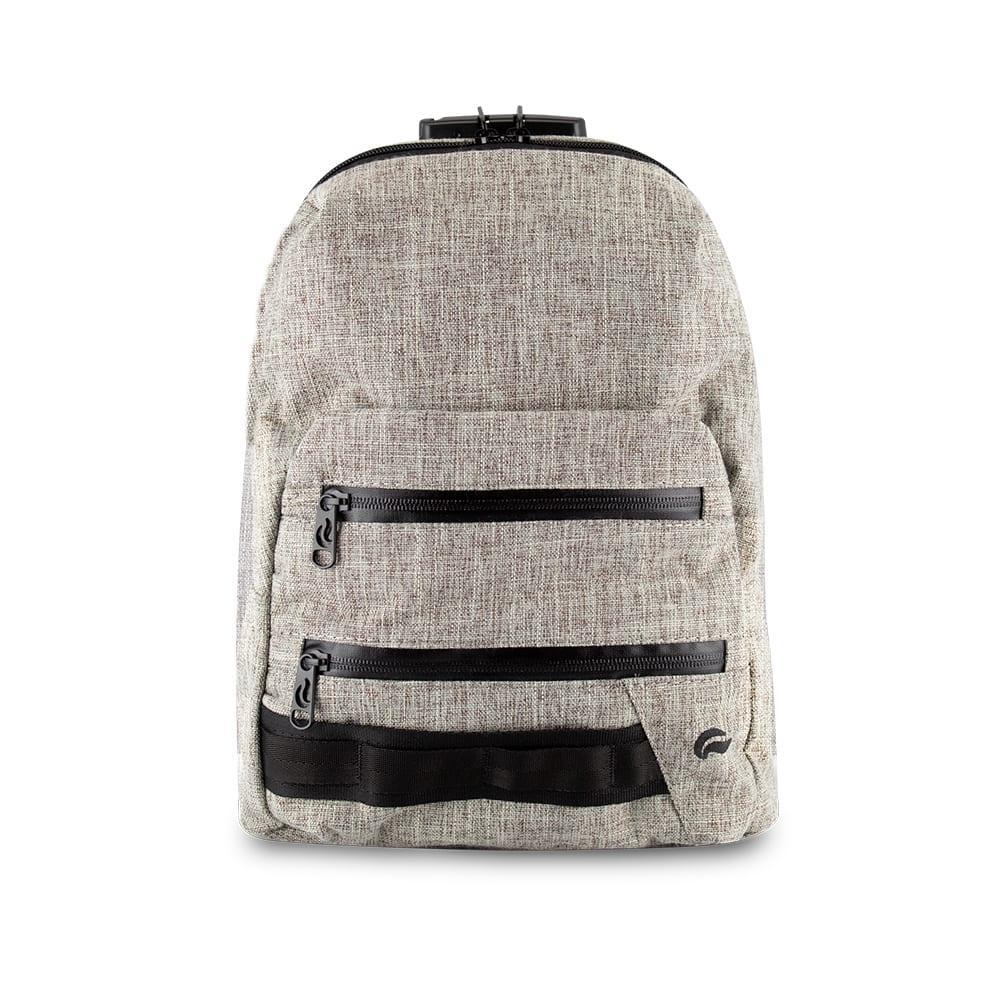 Khaki mini backpack with two black zippered front pockets, minimalist design
