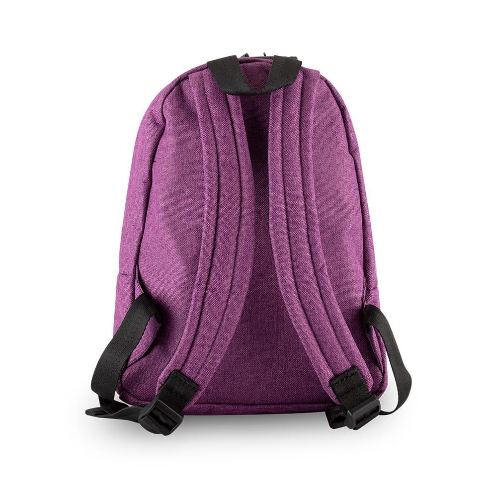 Back view of a lavender mini backpack with black adjustable straps