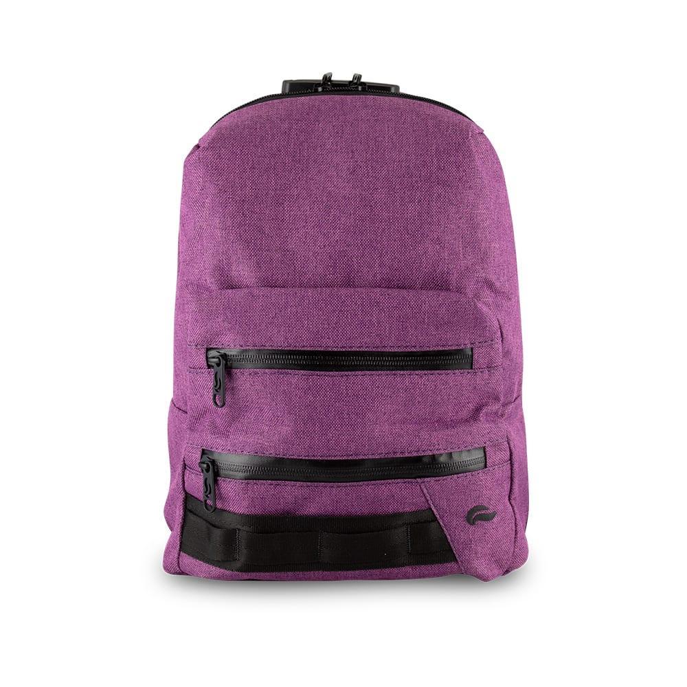 Lavender mini backpack with two front zippered pockets and black trim, isolated on white