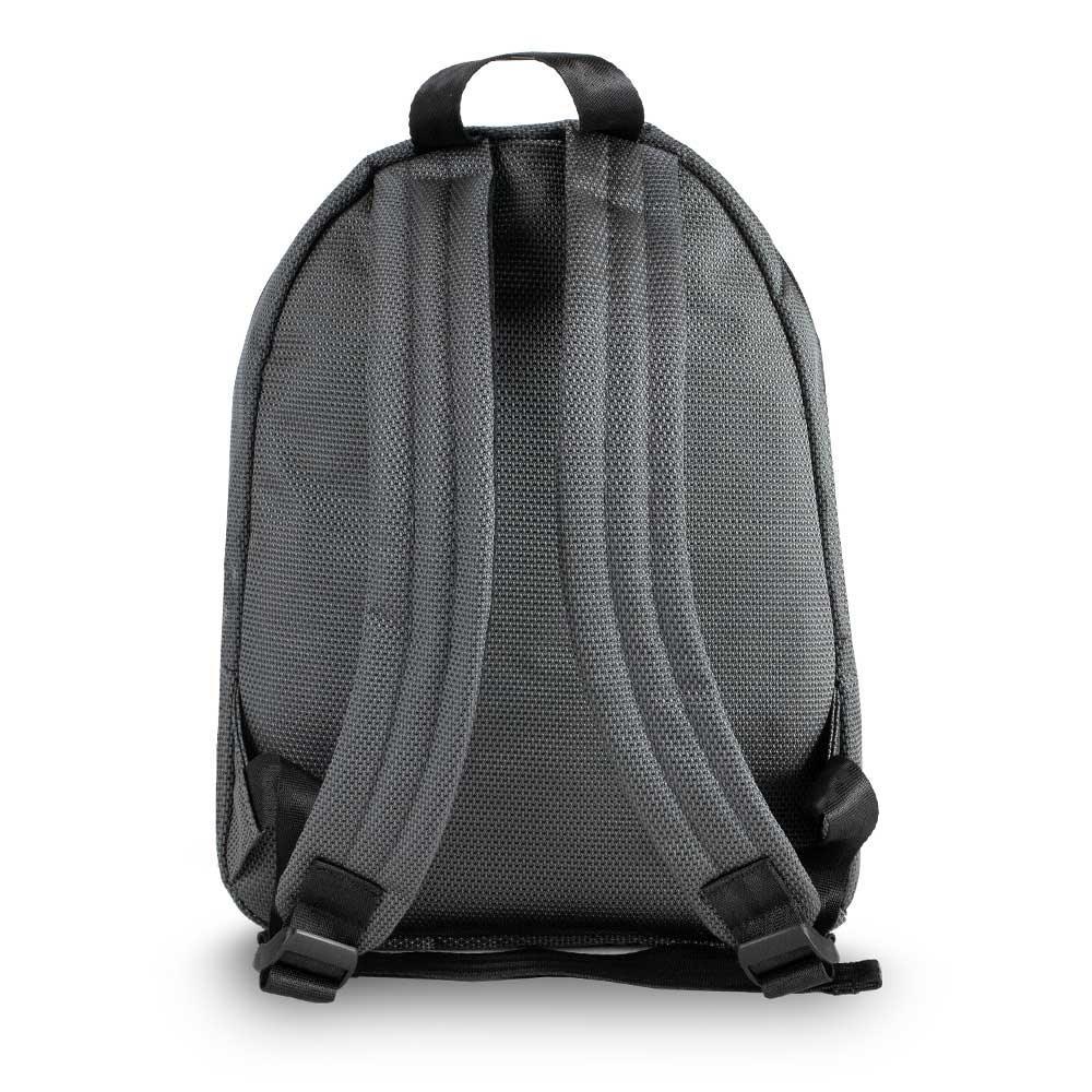 Mini gray backpack with padded shoulder straps, rear view, adjustable buckles
