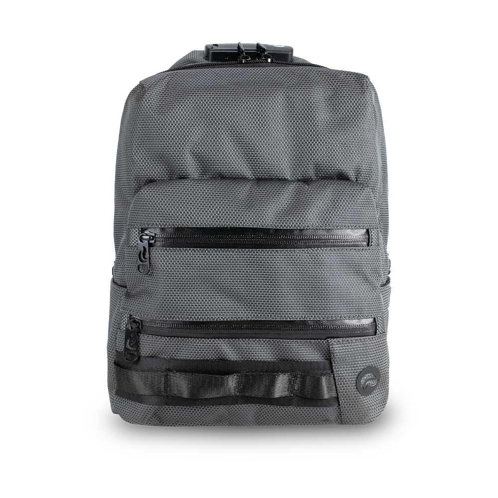 Mini gray backpack with multiple zippered pockets and a front black webbing detail