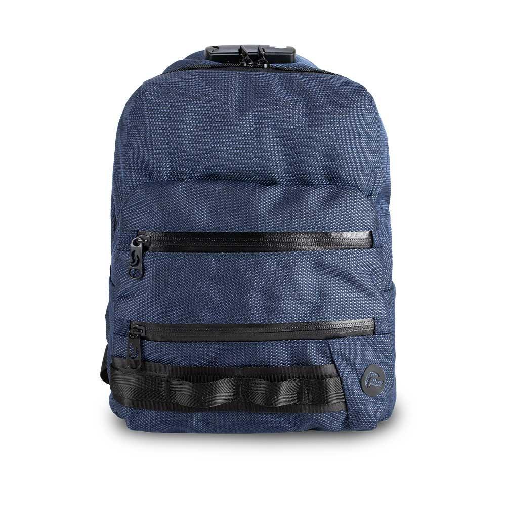 Mini navy blue backpack with two front zippered pockets and black detailing, front view