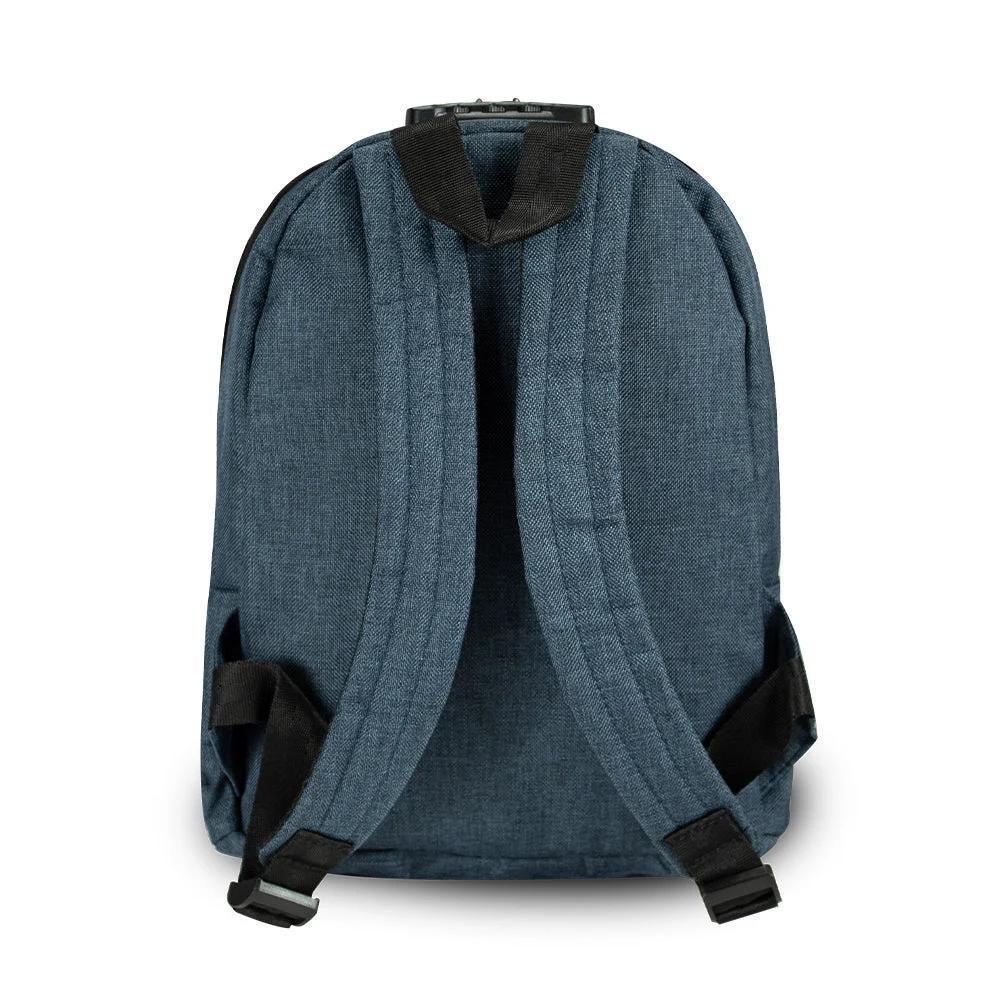 Navy blue mini backpack shown from the back with padded shoulder straps and adjustable buckles