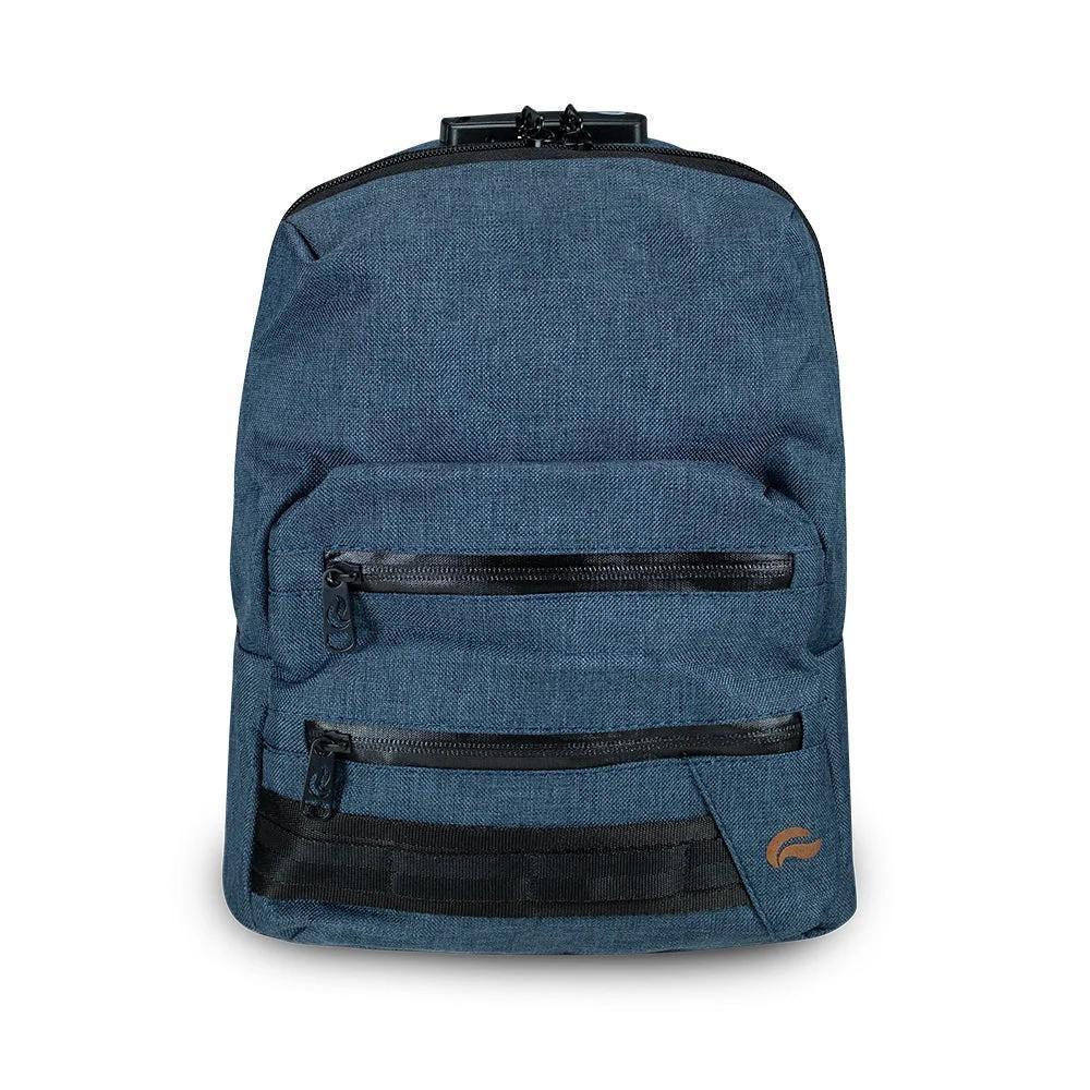 Mini navy backpack with two front zippered pockets and black trim, isolated on white