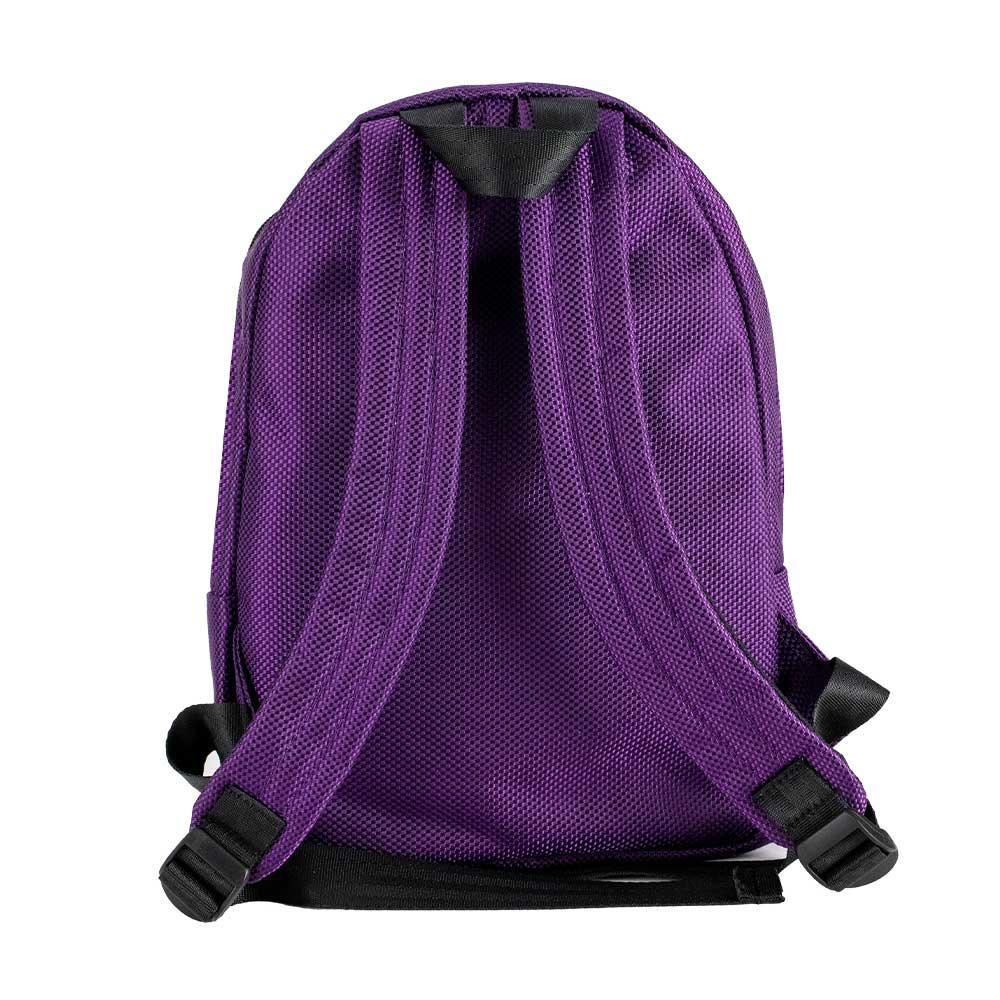 Back view of a small purple backpack with adjustable straps on white background