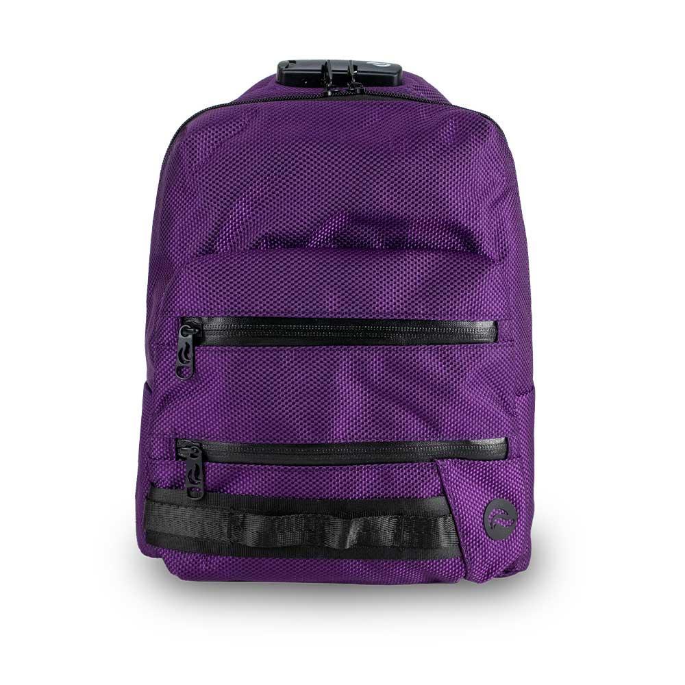 Mini purple backpack with two front zippered pockets and textured fabric