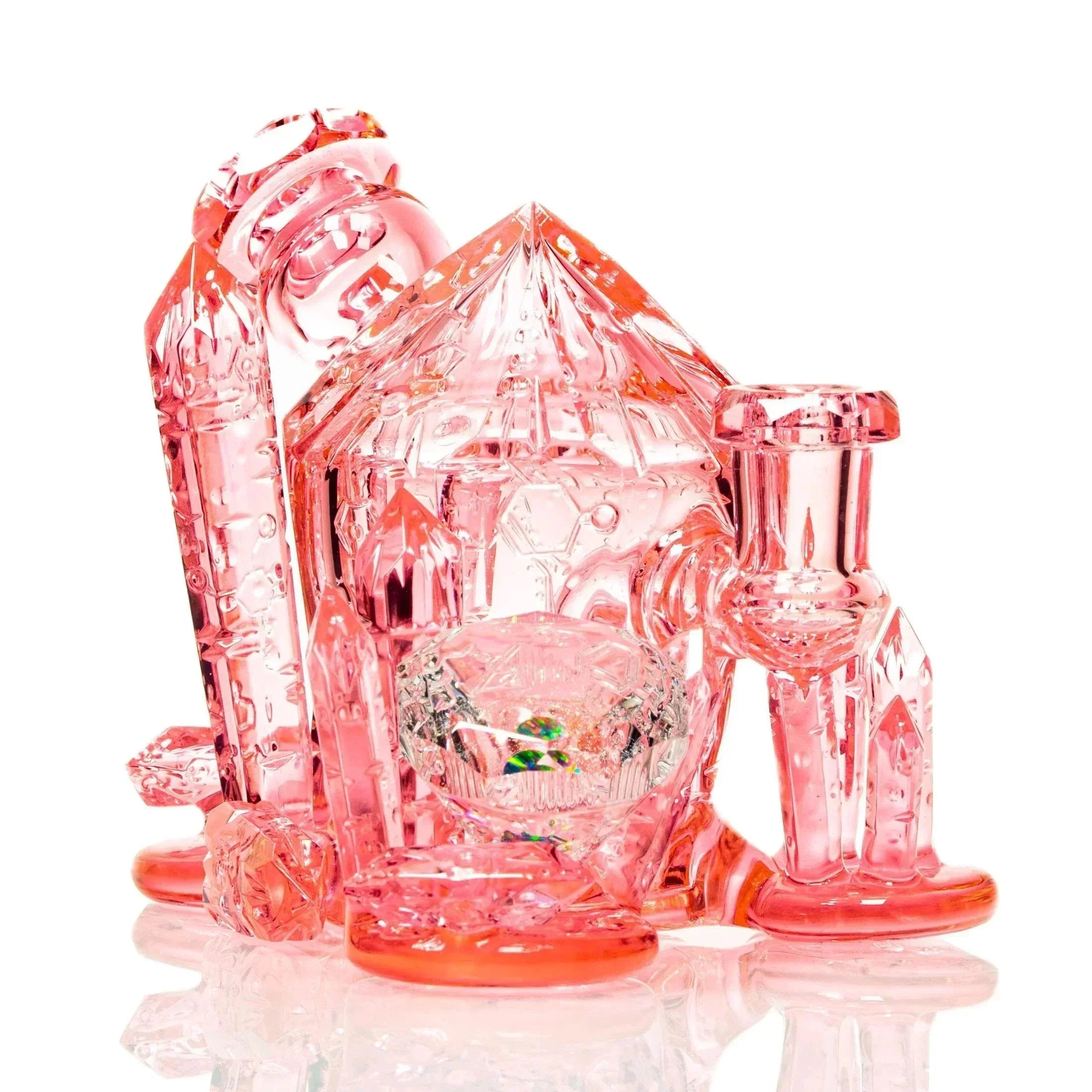 Pink crystal-themed glass water pipe with intricate, geometric design on white background.