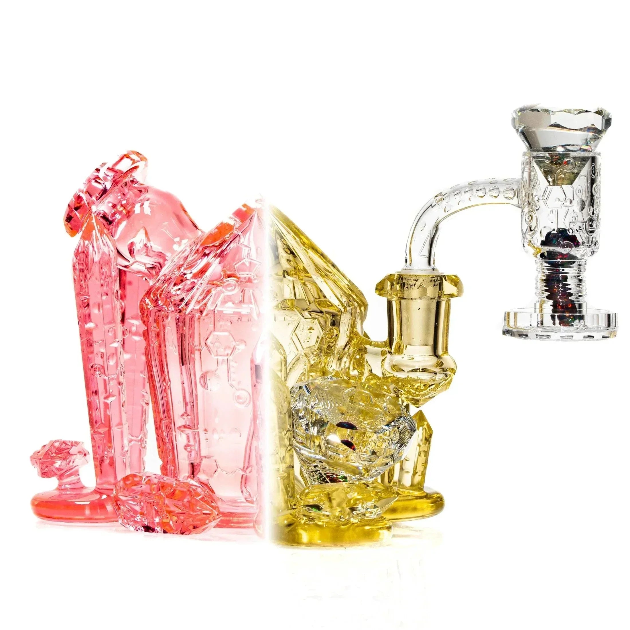 Heady glass water pipe with colorful crystal and geometric designs, pink and yellow hues