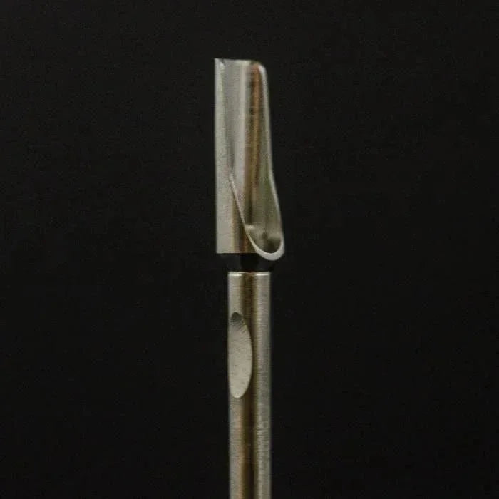 Stainless steel concentrate dab tool with scoop tip for extracts on black background