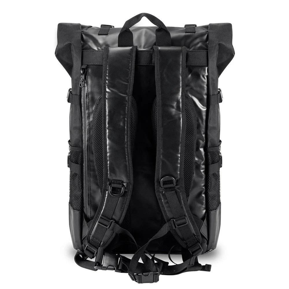 Black waterproof roll-top backpack with padded straps and mesh side pockets, rear view