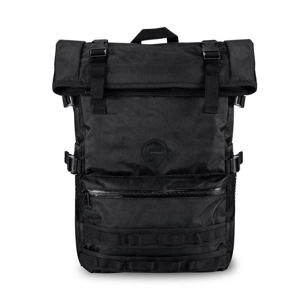 Black roll-top backpack with front zipper pocket, side clips, and durable fabric construction