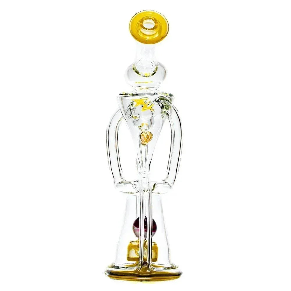 Clear glass recycler water pipe with yellow and purple accents, intricate dual uptake design