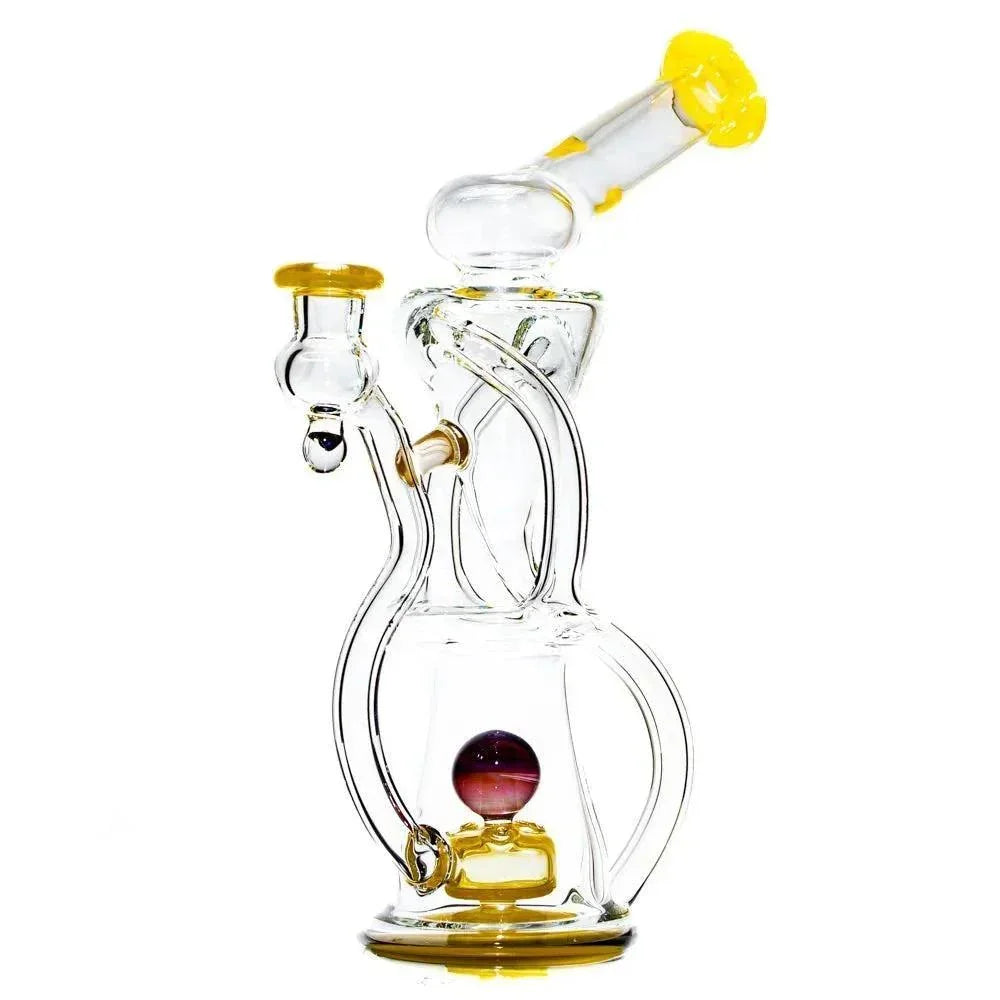Clear glass dual uptake recycler rig with yellow accents and marble, displayed on white background