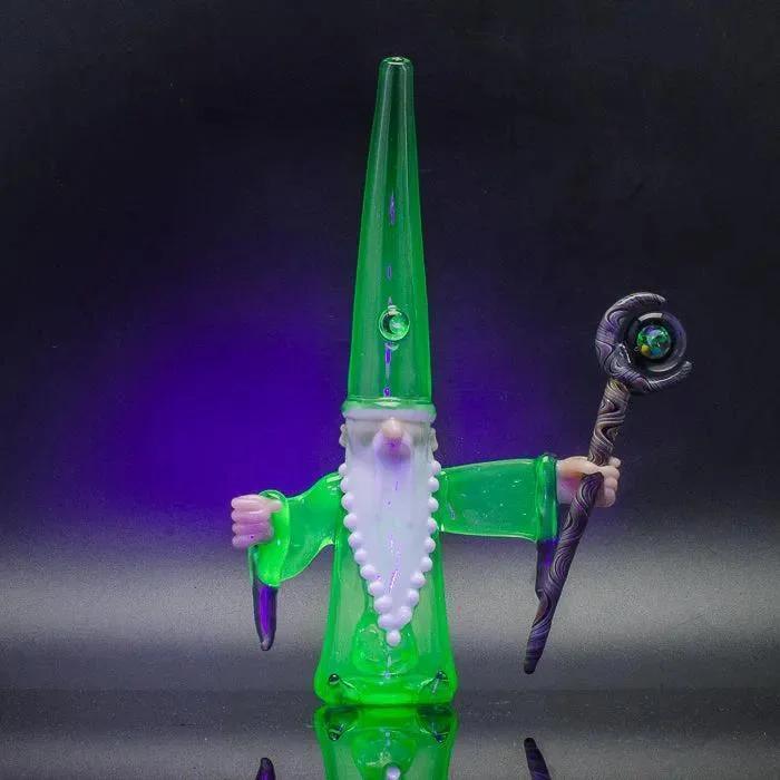 Green glass wizard bong with beard and staff, heady glass art for smoke shop