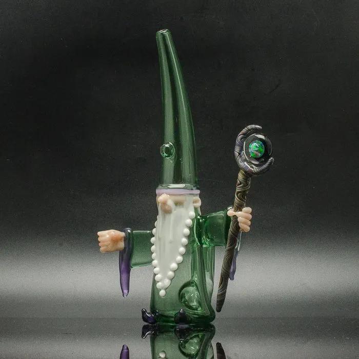 Green glass wizard bong with white beard and staff, heady glass art piece