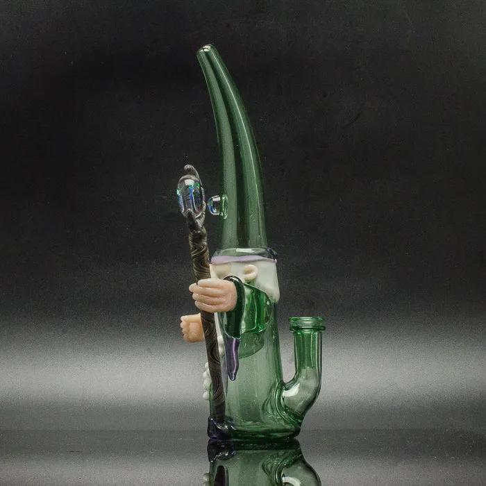 Green glass bong with wizard design, holding staff, heady glass art for smoke shop