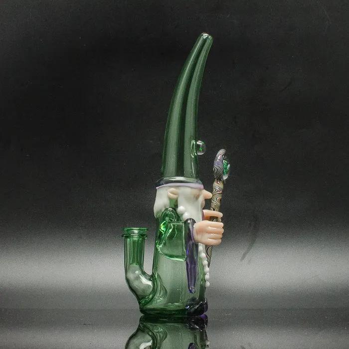 Green glass gnome bong with wizard staff, heady glass art for vaporizers and smoking accessories