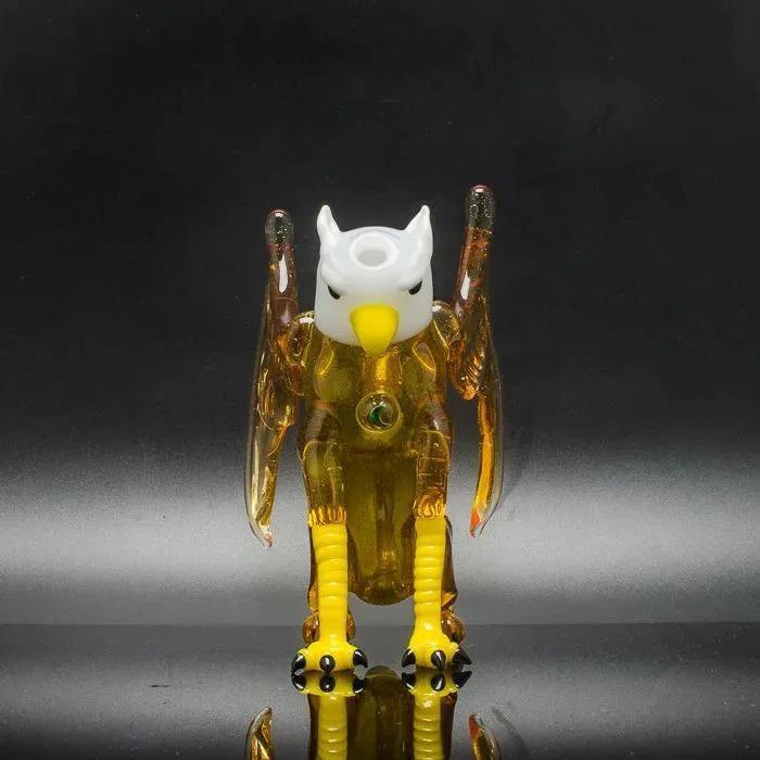 Glass eagle pipe with amber wings and yellow talons, heady glass art for smoking accessories