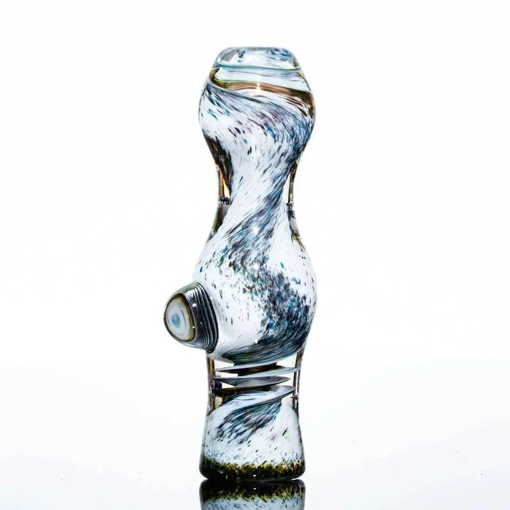 Hand-blown glass chillum with swirling green and white frit design, side marble accent.