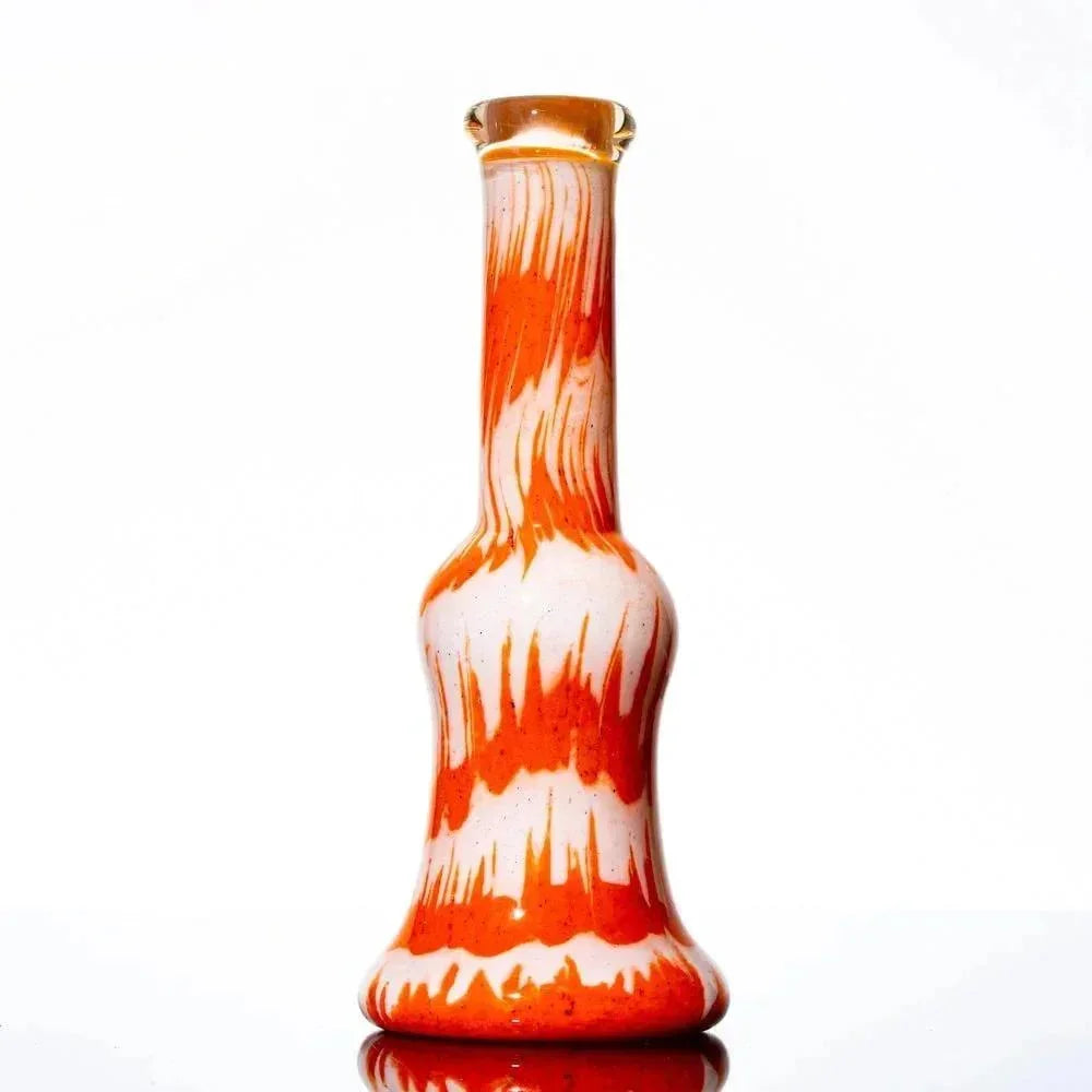 Orange and white frit glass water pipe with stacked tube design on white background
