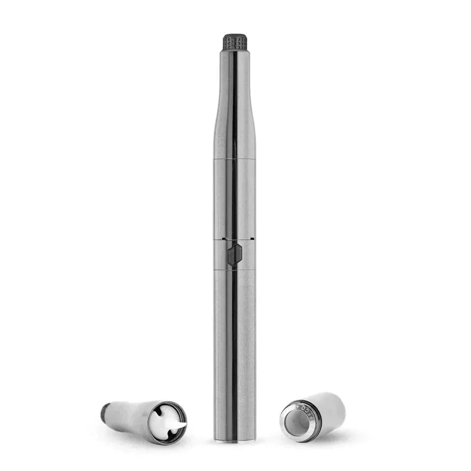 Silver concentrate vaporizer pen with detachable mouthpieces on white background