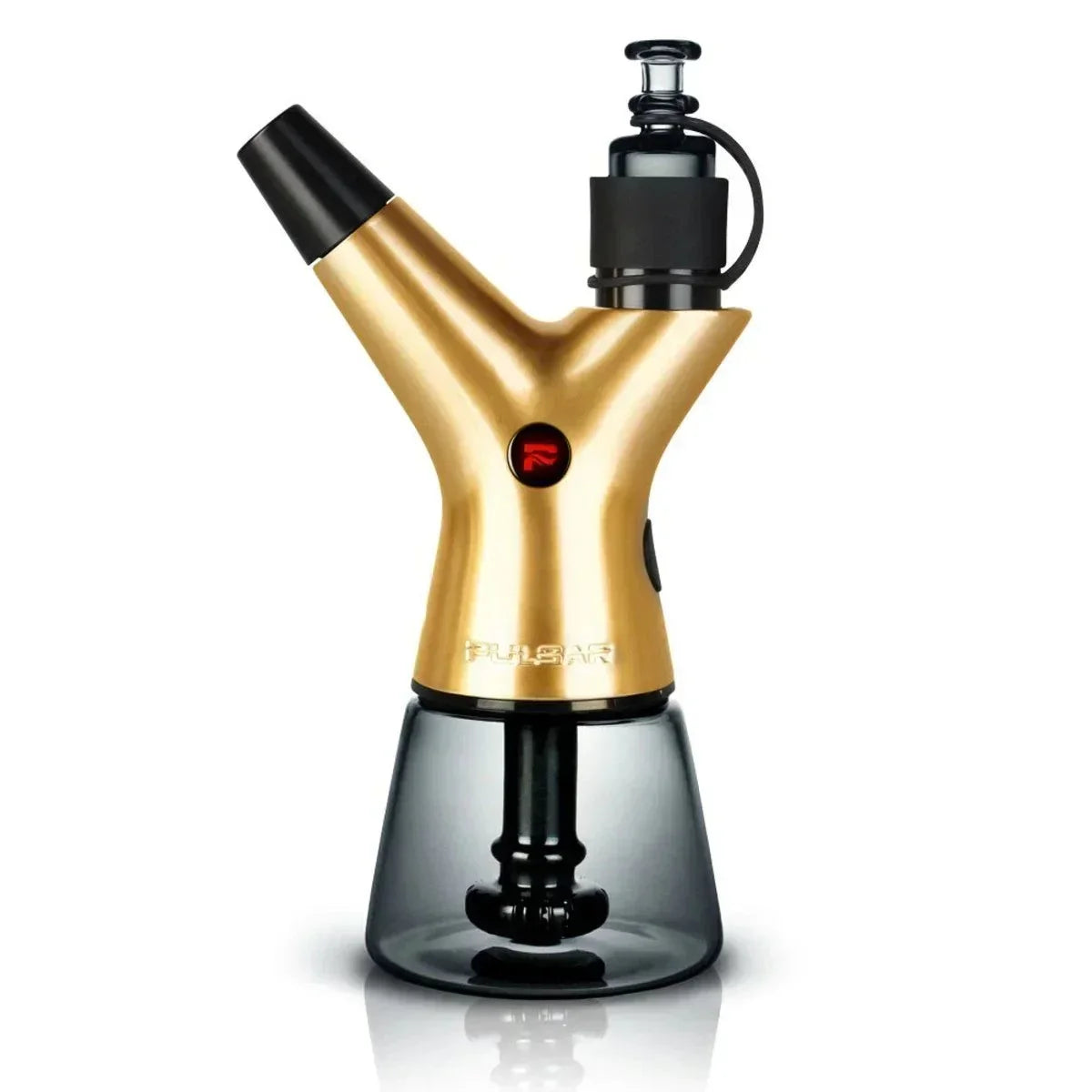 Gold Pulsar vaporizer with black accents and glass base, sleek design for premium vaping experience