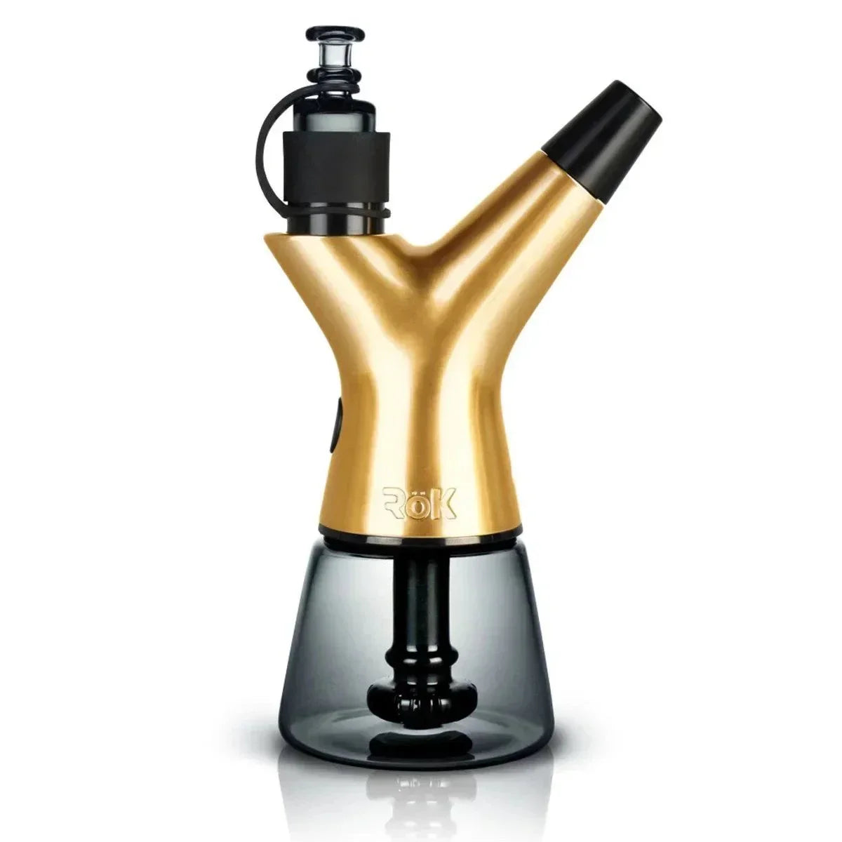 Gold ROK vaporizer with black accents and glass base, sleek design for premium vaping experience