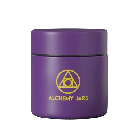 Purple airtight storage jar with gold Alchemy Jars logo, odor-proof container