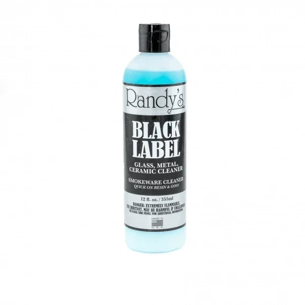 Randy's Black Label glass, metal, ceramic smoke cleaner bottle with blue liquid