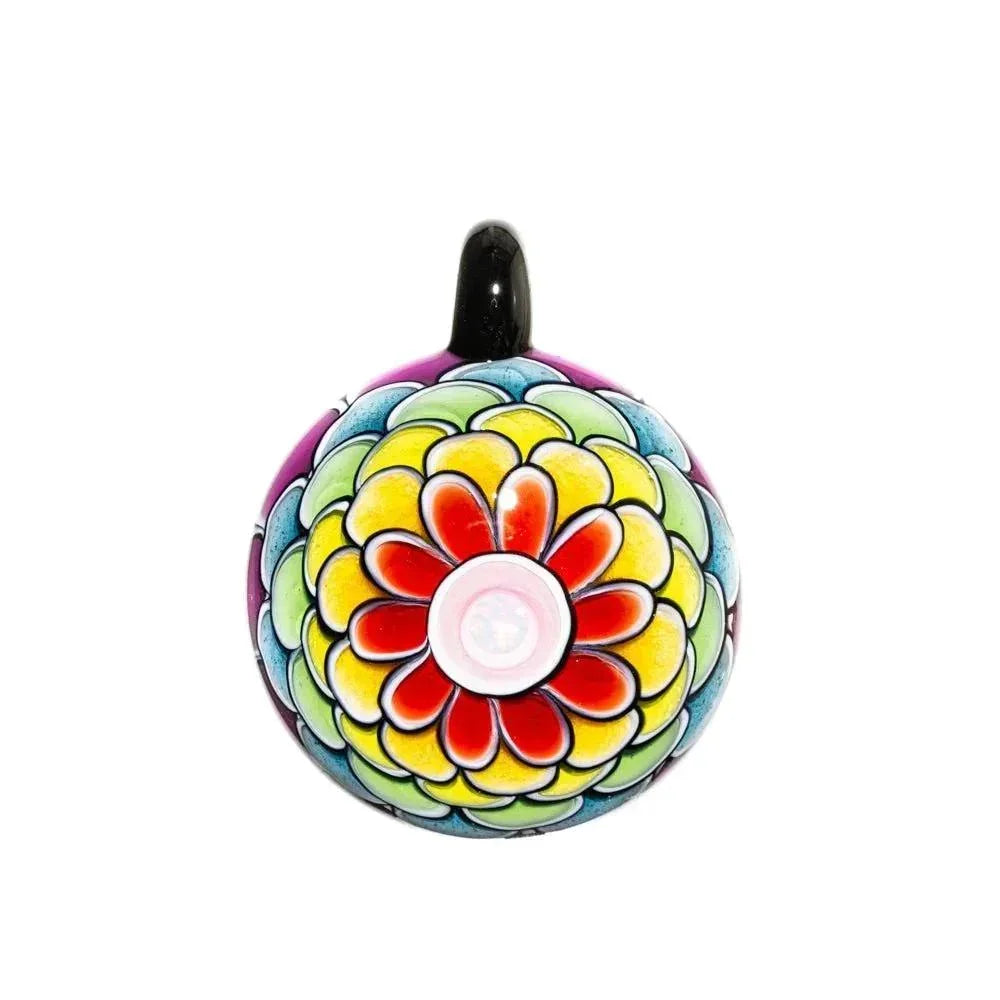 Colorful glass pendant with stacked rainbow dot pattern and intricate floral design