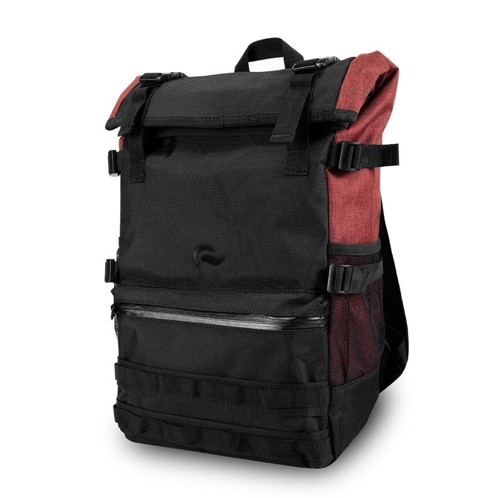 Black and burgundy backpack with secure buckles and zippered front pocket, angled view