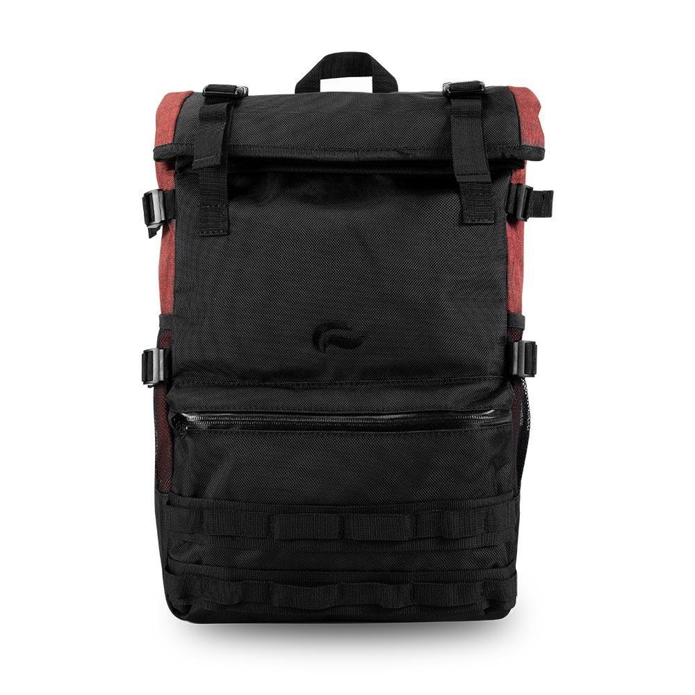 Black and burgundy roll-top backpack with front zipper pocket and side straps