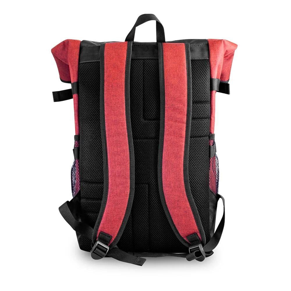 Back view of burgundy backpack with padded shoulder straps and mesh side pockets