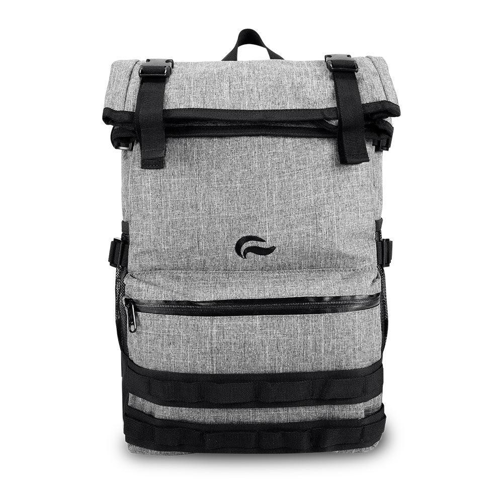 Gray roll-top backpack with black straps and front zipper pocket, ideal for travel or daily use