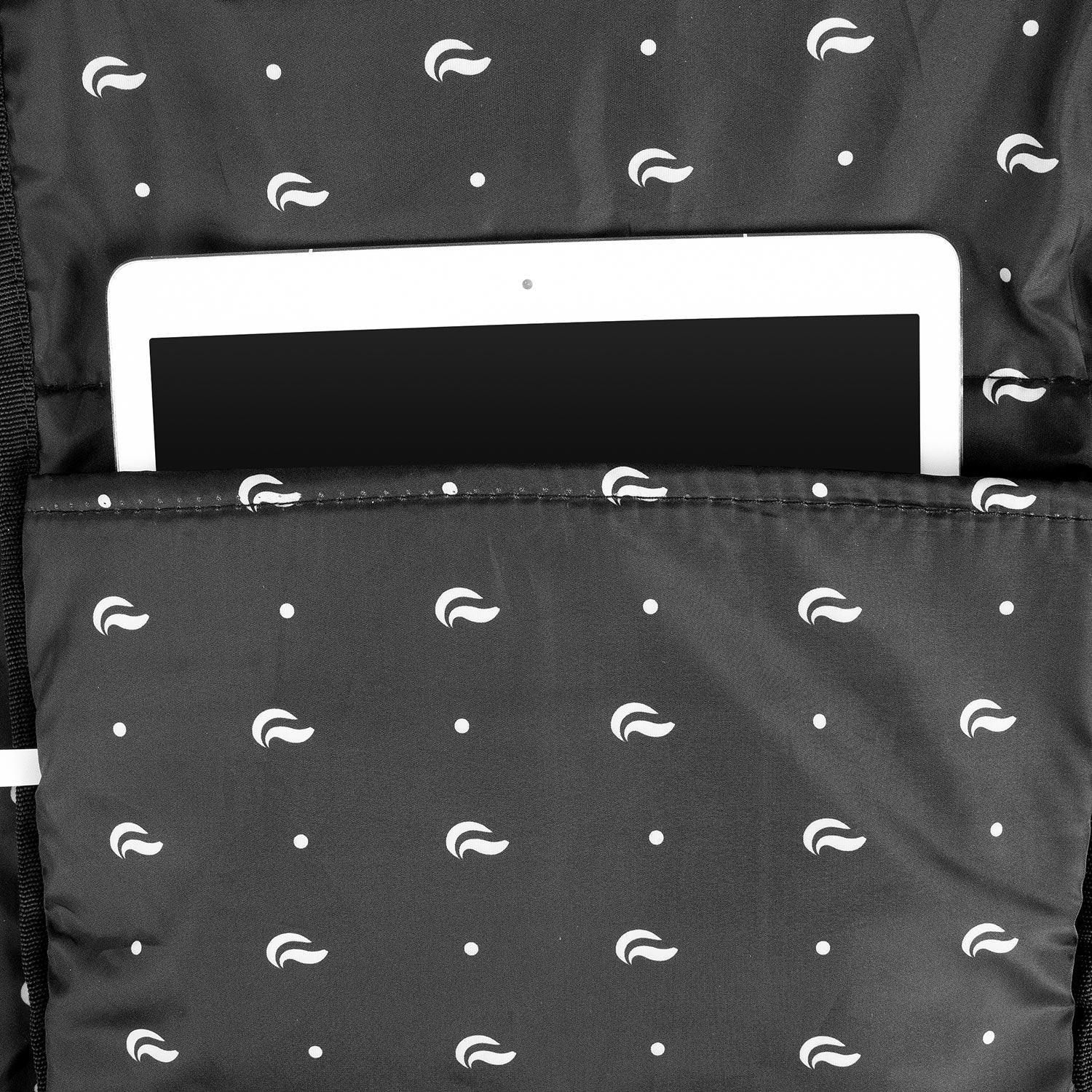 Padded backpack interior pocket with white patterned lining holding a tablet device