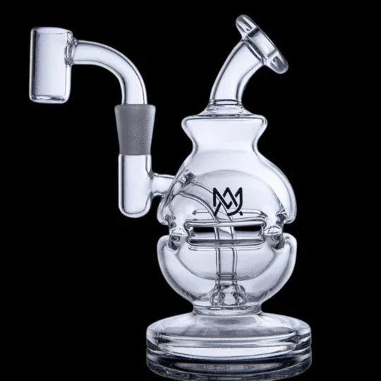 Clear glass recycler dab rig with crown logo on black background, premium smoking accessory