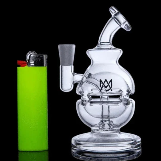 Clear glass recycler water pipe with logo next to neon green lighter on black background