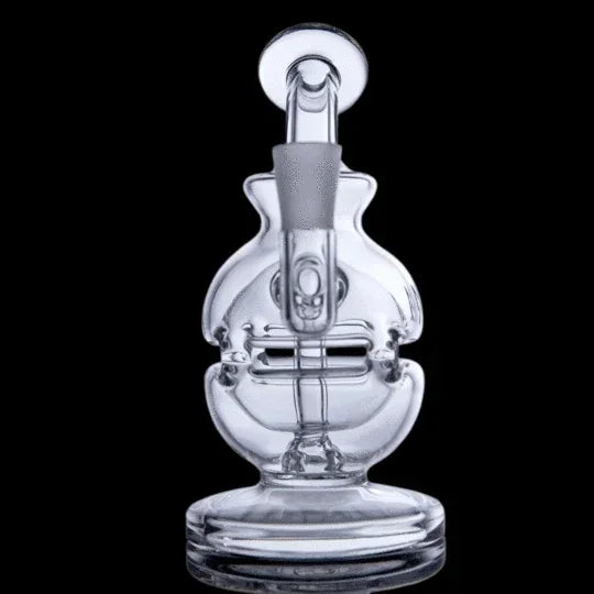 Clear glass water pipe with intricate percolator, displayed on a black background