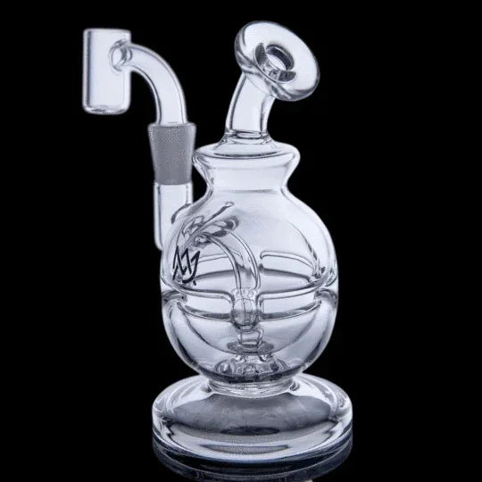 Clear glass recycler water pipe with banger attachment on a black background.