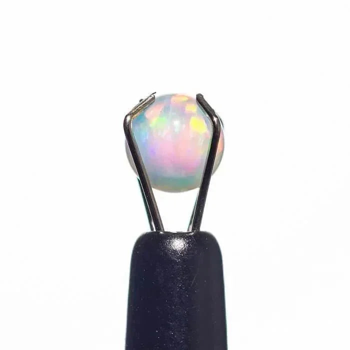 5mm round opal dab pearl with iridescent colors held by tweezers on white background