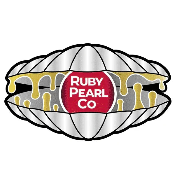 Illustration of a silver clam shell with gold drips and 'Ruby Pearl Co' text on a red pearl
