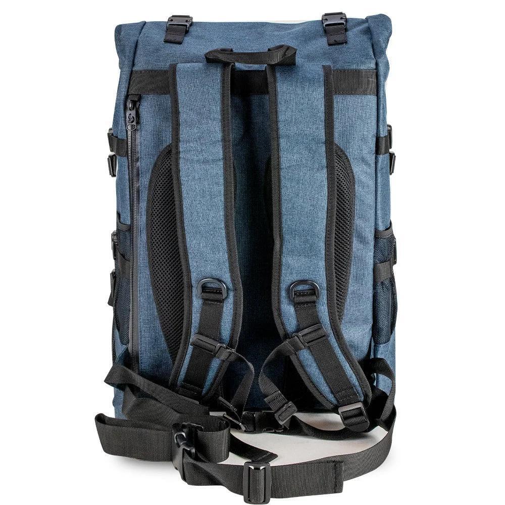 Back view of blue denim backpack with padded straps and adjustable buckles