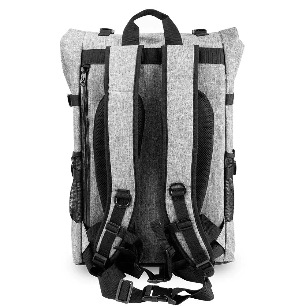 Gray backpack back view with padded straps, breathable mesh panels, and buckle closures