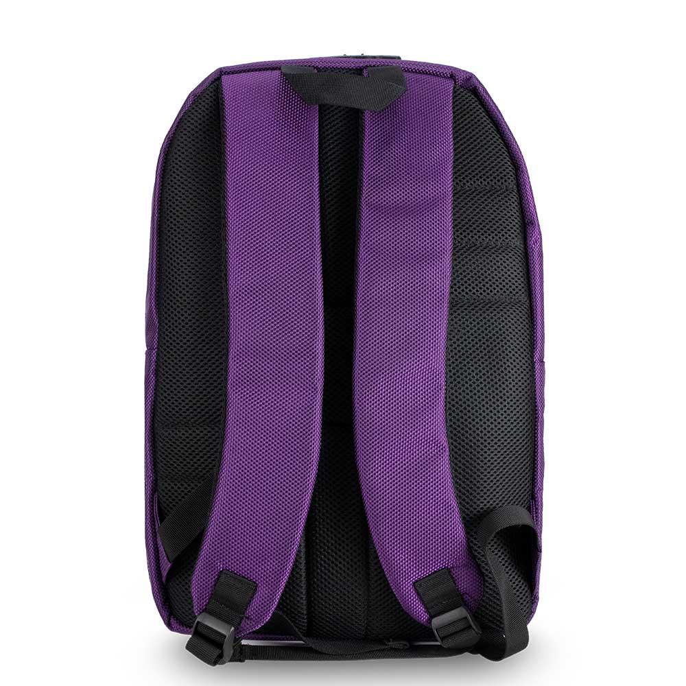 Purple backpack rear view with padded black straps and mesh back panel