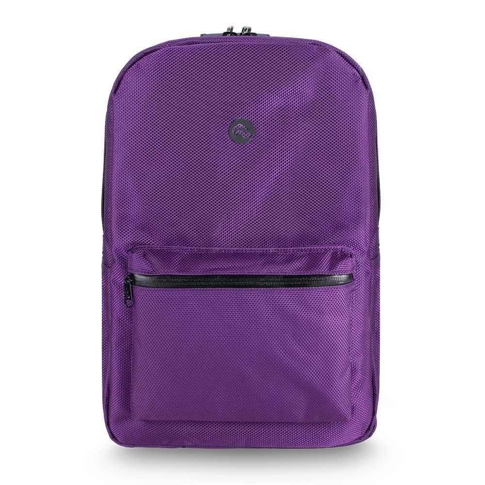 Purple backpack with front zip pocket and textured fabric, shown on plain white background