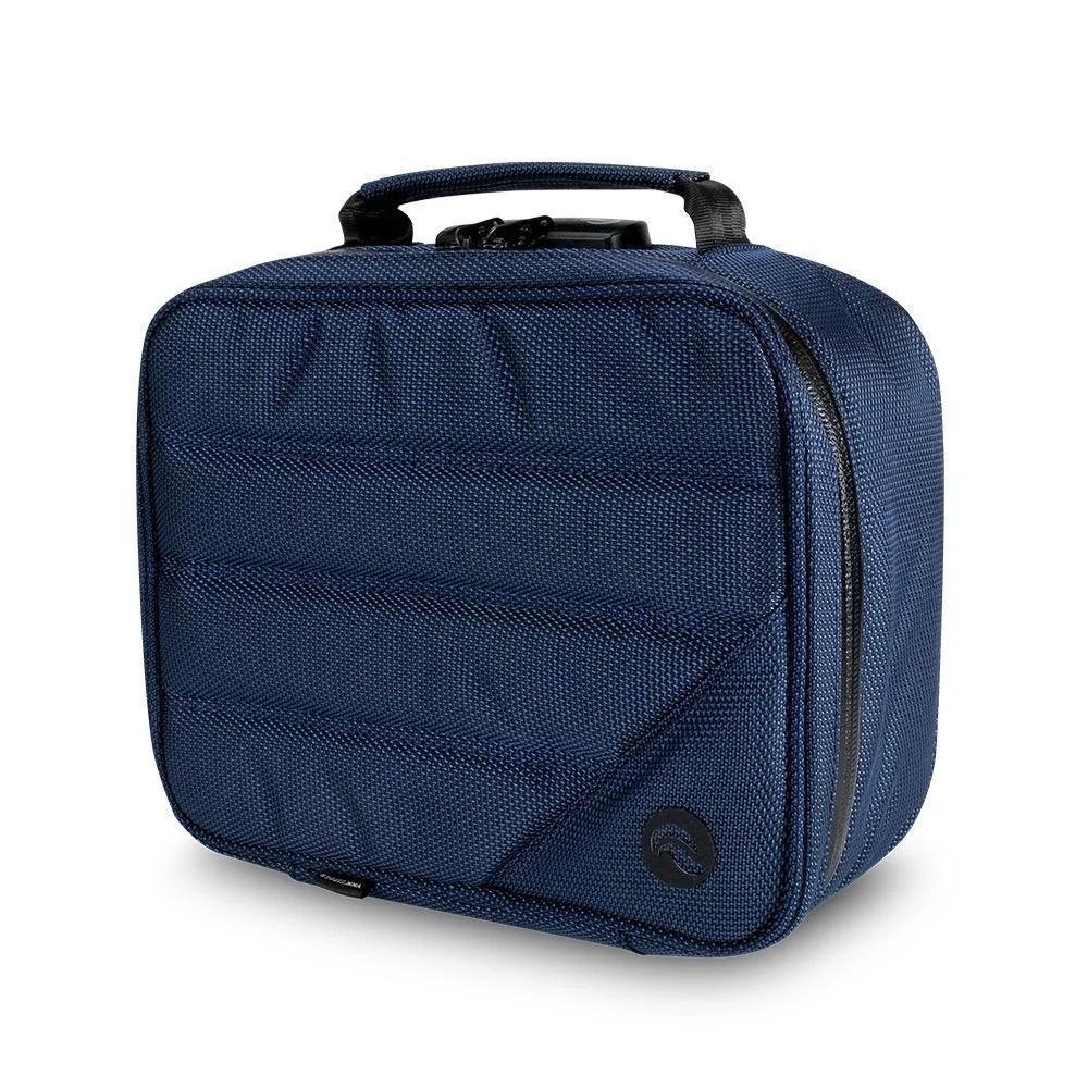 Midnight navy padded travel case with zipper, handle, and textured fabric.
