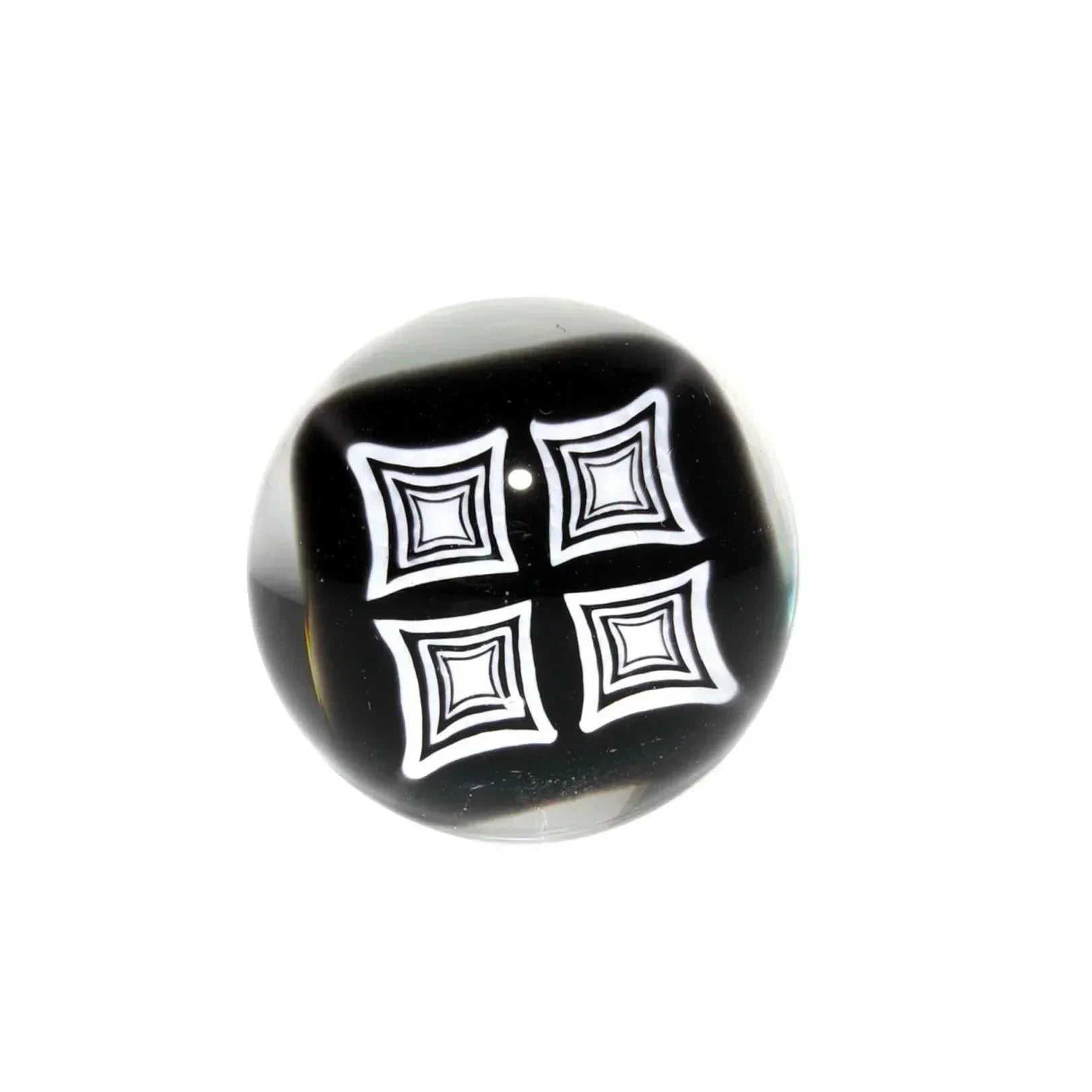 Black glass terp pearl with four white geometric square designs for dab rigs